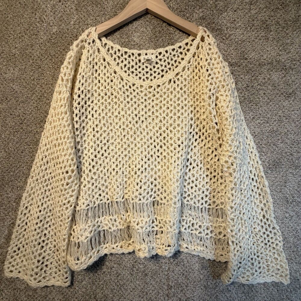 POL Clothing Womens Medium Cream Open Knit Crochet Bell Sleeve Sweater BST8 Boho